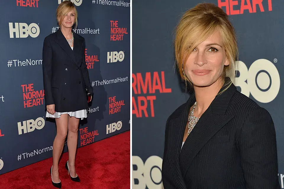 ¡Julia Roberts, no podemos ver tu vestido! Pasó por la alfombra roja de la premiere de ´The Normal Heart´ en Nueva York con un blazer oscuro, cruzado, sobre un vestido corto