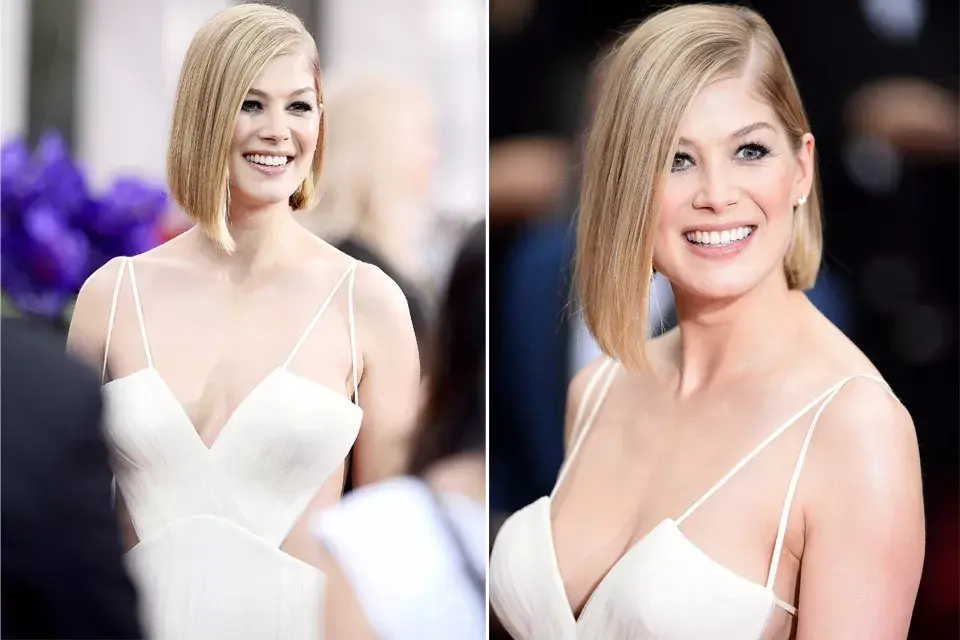 Rosamund Pike actualizó su look con este corte asimétrico y bien lacio. ¡Bien por ella!