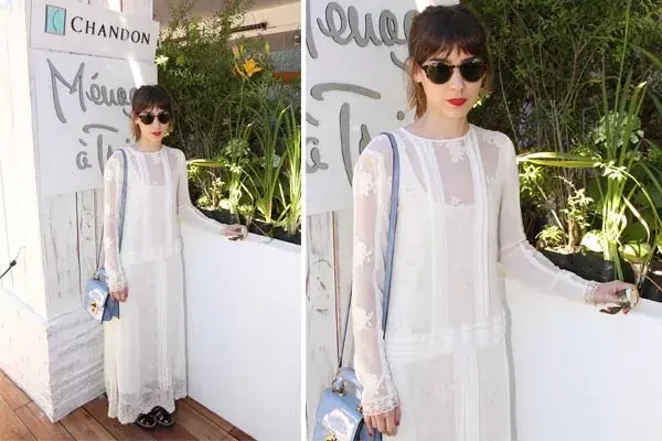 Paula Reca también estaba invitada al almuerzo y optó por un vestido blanco con transparencias, carterita charolada y labios en rojo. ¿Qué tal?