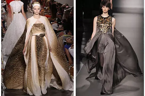 Giambattista Valli presentó vestidos con mucho vuelo y capa incluida en los que abundan el animal print y los colores para no pasar desapercibida
