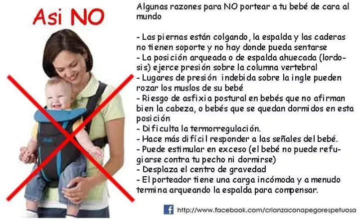 Aunque el portabebés sea ergonómico el bebé nunca debería ir mirando para adelante