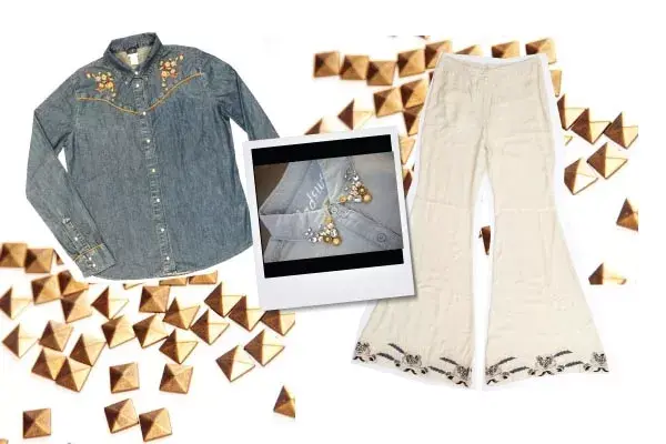 Camisa de jean con bordados, Levi''s. Pantalón blanco tipo palazzo, María Cher