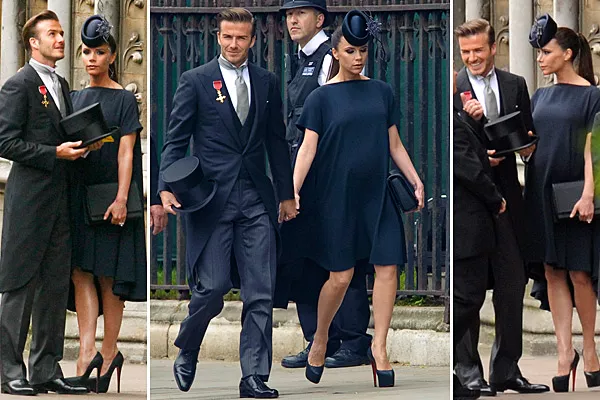 Una pareja chic: David Beckham con un jacket de Ralph Lauren y Victoria con vestido corto en azul marino (que dejaba ver su pancita) con un sombrero de Philip Treacy y zapatos altísimos de Christian Louboutin