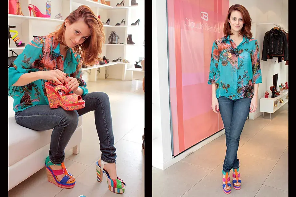 Mónica Antonópolus estuvo probándose zapatos en el local de Claude Bernard (todos súper coloridos) ¿cuáles hubieras elegido vos?