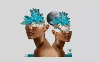 Collage de dos mujeres con la cabeza de piedras preciosas.