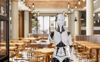IA: moza sirviendo en un bar.