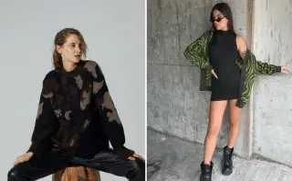 Dos modelos usando suéteres animal print.