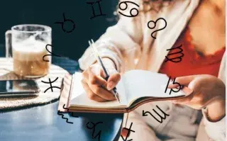 La rueda zodiacal, con los símbolos de los 12 signos astrales y una chica escribiendo en su agenda.