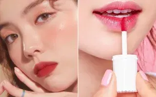 Dos fotos de mujeres usando tintas de labios.