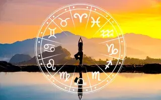 La rueda zodiacal, con los símbolos de los 12 signos astrales y en el centro, una chica haciendo yoga.