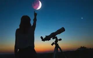Estos son los signos del Zodíaco más favorecidos por el eclipse del 17 de septiembre Una mujer con un telescopio mirando una luna eclipsada.