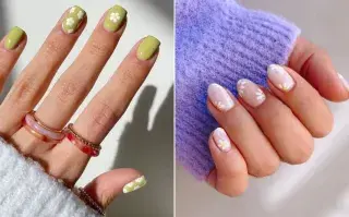 Dos fotos de manos de mujeres usando diseños de uñas con margaritas.