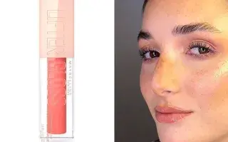 Una foto de una mujer maquillada y otra foto de un labial.