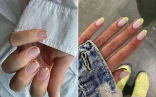 Dos fotos de manos con manicura francesa en colores.