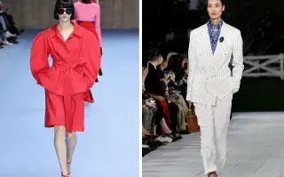 Dos personas caminando por la pasarela en la semana de la moda en Nueva York
