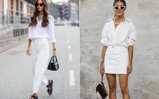 Dos fotos de mujeres en la calle usando camisas blancas.