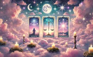 3 cartas de tarot sobre un fondo de cielo.
