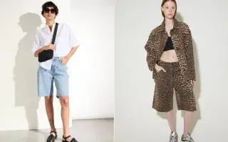 Dos fotos de modelos mujeres usando bermudas.
