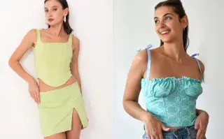 Dos fotos de dos modelos mujeres usando corsets.