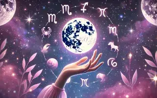 La rueda zodiacal, con los símbolos de los 12 signos astrales y una mano sosteniendo una luna en el centro.