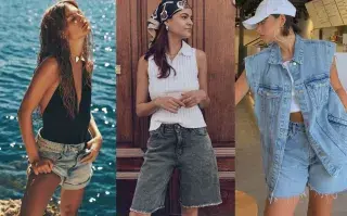 Tres mujeres usando bermudas de jean