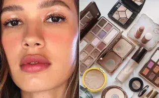 Cómo armar tu kit básico de maquillaje con productos buenos y accesibles Una foto de una mujer maquillada y una foto de un kit de maquillaje.