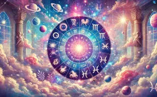 La rueda zodiacal, con los símbolos de los 12 signos astrales, sobre un fondo de nubes y planetas.