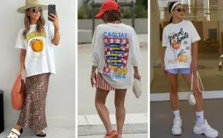 Tres mujeres usando remeras estampadas