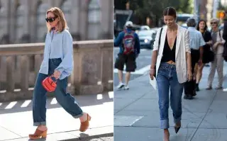 7 formas de combinar tus jeans para ir a la oficina en verano Dos fotos de mujeres usando looks con jean en la calle.