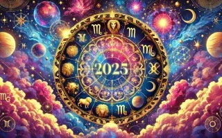 Predicciones 2025: ¿qué te depara el próximo año según tu signo ascendente? La rueda zodiacal con los 12 signos y un 2025 dorado en el centro