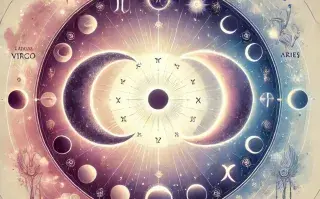 La rueda zodiacal, con los símbolos de los 12 signos astrales y dos lunas en el centro.
