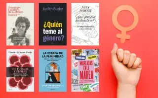 Un puño levantado con un símbolo del feminismo y portadas de libros.