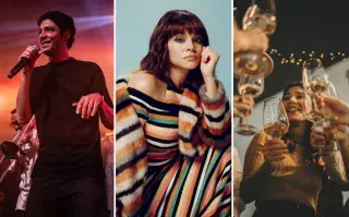 Norah Jones, Julian Kartún y unas chicas brindando con copas de vino.