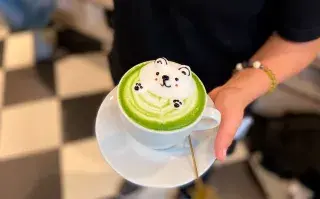 Plano medio de una persona sosteniendo un plato con una taza de café. En ella se encuentra un café de color verde con el relieve de espuma con forma de oso tipo kawai