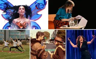 Fotos de diferentes planes: Katy Perry, Mariana Enriquez, gente haciendo yoga.