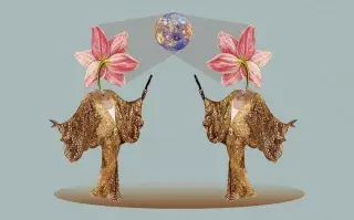 ilustraciones de dos flores con cuerpos humanizados que miran hacia un planeta.
