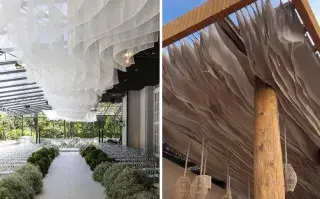 Un díptico con dos imágenes de unas galerías y unas estructuras de tela que dan sombra de forma dinámica