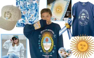Collage de distintas prendas y accesorios con temática argentinidad. Se ve un Sol de mayo, un listón con la bandera de Argentina. En el centro una chica sonriendo con un buzo de Argentina