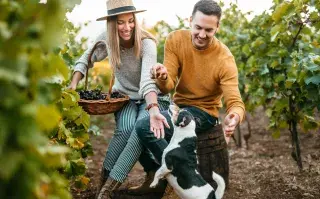 La Ruta del Vino Pet Friendly: bodegas de Mendoza donde podés llevar a tu mascota Foto de pareja en bodega con perro.