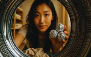 El sencillo truco del papel de aluminio en el lavarropas que elimina pelusas y deja la ropa como recién comprada Foto de mujer poniendo pelotas de aluminio en el lavarropas.