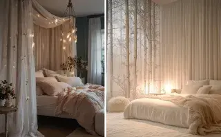 Las cortinas como respaldo son perfectas para dormitorios pequeños, ya que no ocupan volumen visual ni espacio real.