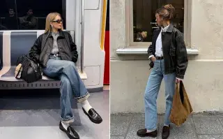 Mocasines: los looks de invierno que prueban que son el zapato más versátil para el frío Dos mujeres con chaquetas de cuero, jeans y mocasines posan con estilo urbano en un dístico de moda.