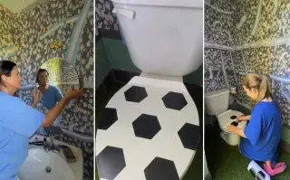 Tríptico de una señora empapelando un toilette con la imagen de messi y una tribuna futbolera del mundial 2026