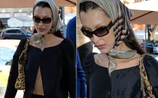 "Dolce Nonna": el estilo que conquista el street style y enamora a la generación Z Bella Hadid caminando con un pañuelo en la cabeza