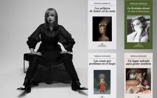 Mariana Enríquez posando sentada a cámara y portadas de cuatro de sus libros.