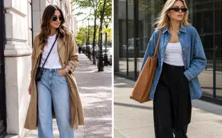 Dos mujeres caminando por la calle con looks de transición