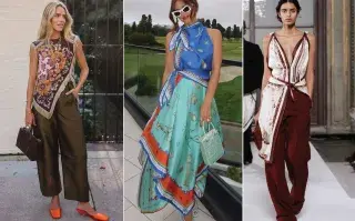 Tres mujeres con pañuelos de tops en sus looks 