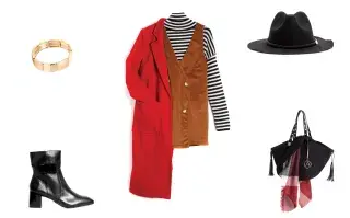 Pulsera (Isadora, $169); sombrero (Isadora, $499); polera (Levi’s, $2890); jumper de corderoy (Madness, $1989); tapado rojo (Estancias, $4290); cartera (Amphora, $1790); pañuelo (Zhoue, $680); botas (Blaquè, $3498).
