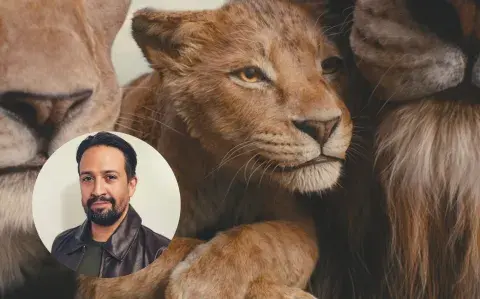 Un fotograma de la película "Mufasa" y un retrato de Lin Manuel Miranda.