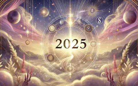 El número 2025 rodeado de una rueda de símbolos numerológicos y un fondo de nubes.